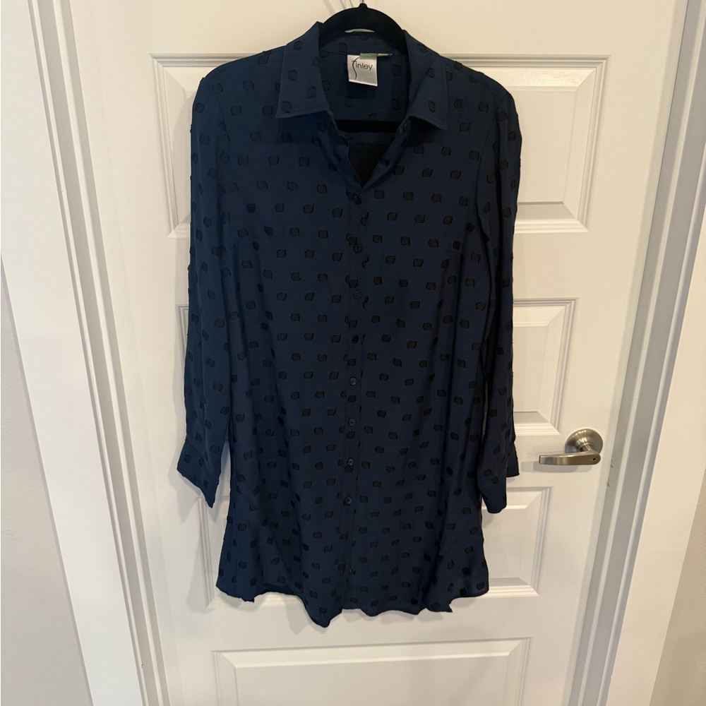 Finley “Short Laine” Navy blue Patterned Button-Up Shirt-Dress from Neiman’s Med